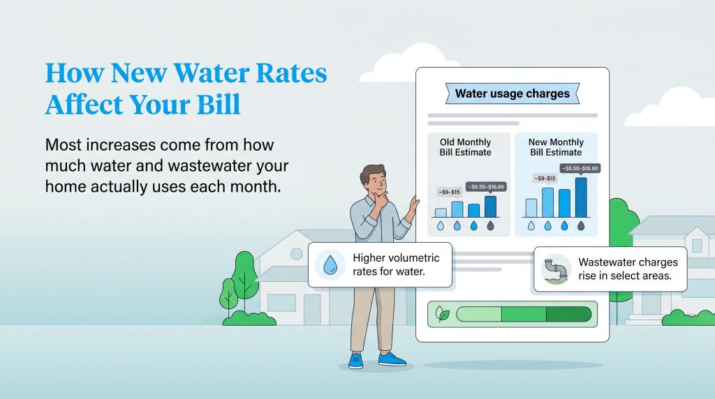 Infographic shows that water bill increases are based on volumetric water and wastewater usage.