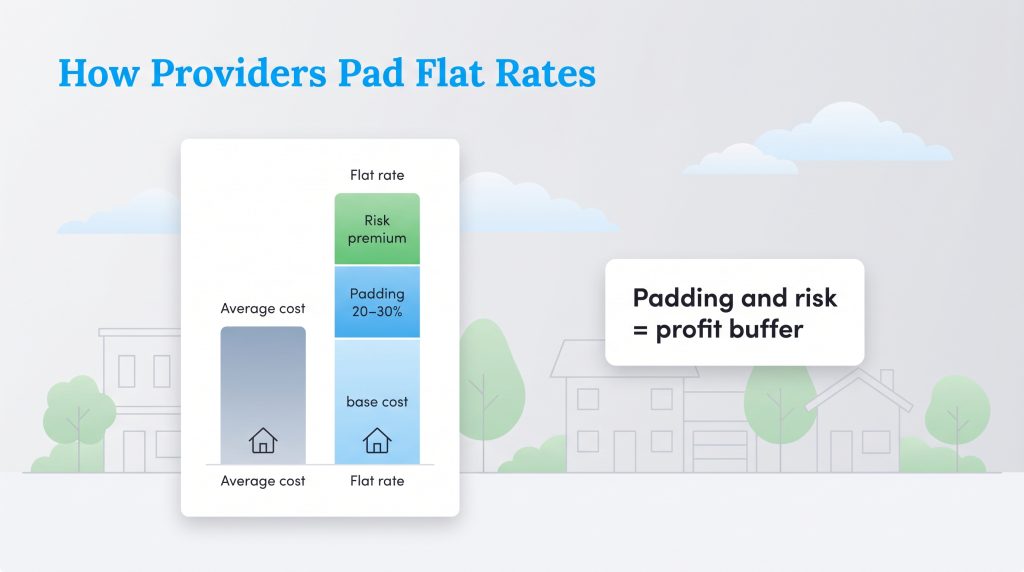 Chart shows flat rates exceed average costs due to added padding of 20–30% and a risk premium buffer.