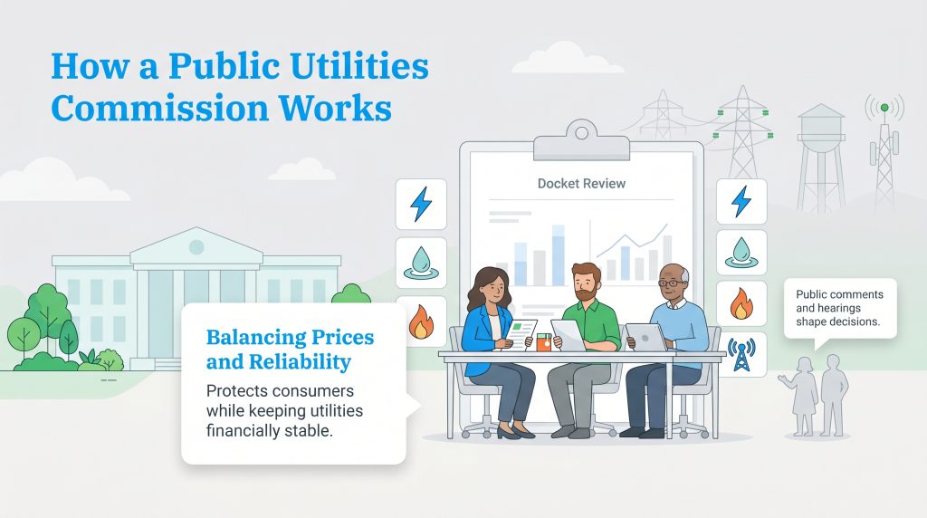 A PUC reviews utility dockets to balance prices and reliability with public input.