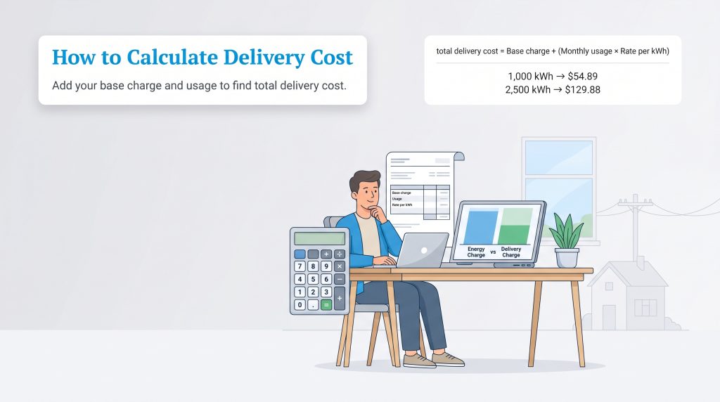 Illustration of a man calculating delivery cost using base charge and usage rate formula.