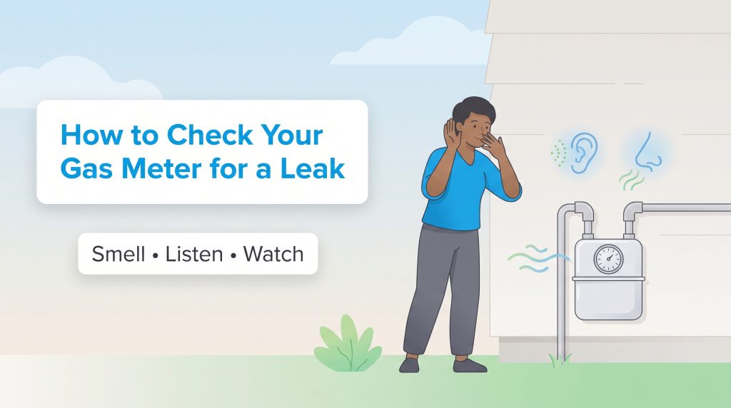 Illustration showing a person smelling and listening near a gas meter to check for leaks.