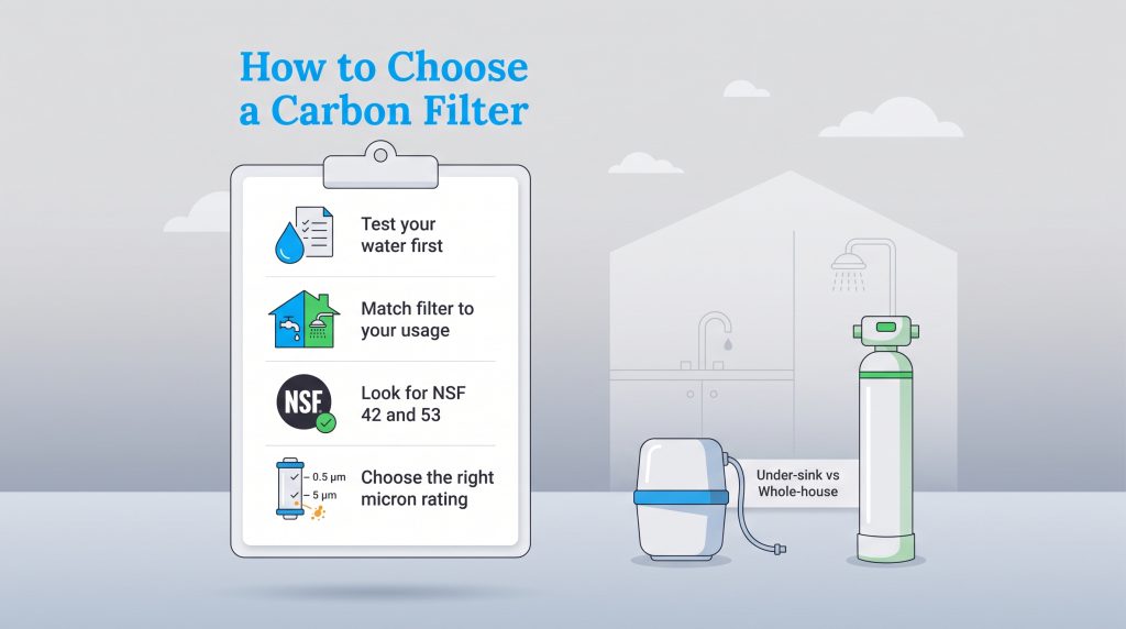 A four-step checklist infographic on how to choose the right carbon water filter for your home.