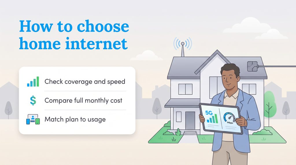 An infographic listing three steps to choose home internet: check coverage and speed, compare full monthly cost, and match plan to usage.
