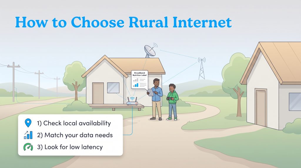 Illustration shows rural internet checklist: availability, data needs, and low latency.
