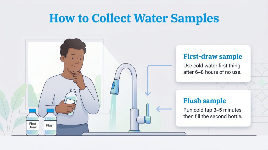 An illustration showing a man collecting water samples from a faucet using first-draw and flush methods.