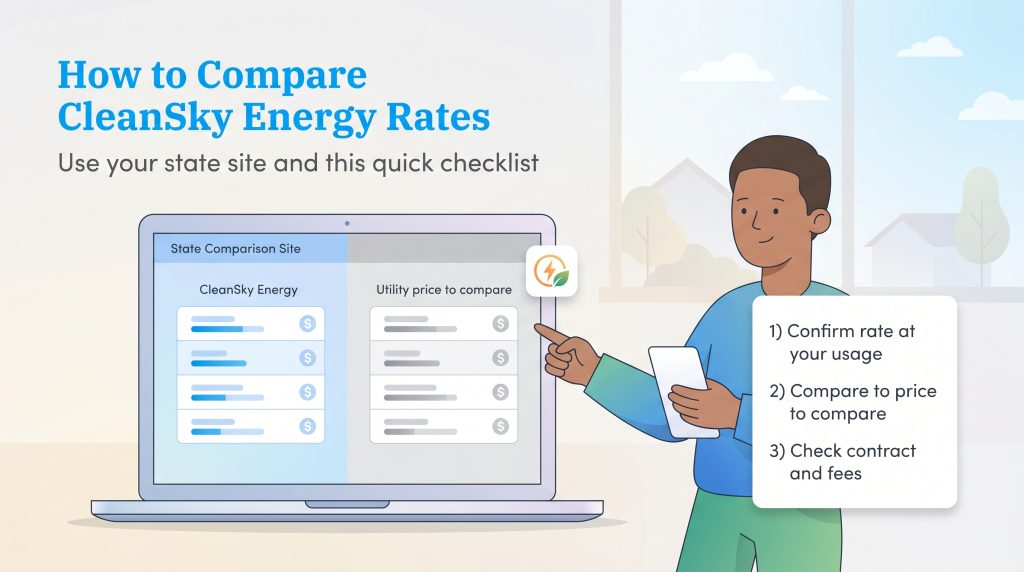A person points to a laptop showing energy rate comparisons and a checklist for evaluating plans.