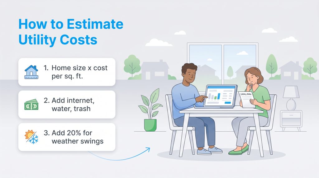 Guide showing how to estimate utility costs using home size, fixed fees, and a weather buffer.
