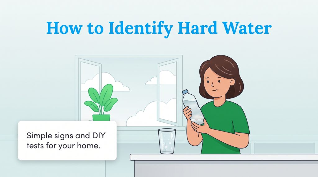 Illustration of a woman holding a water bottle and looking at it, with a glass on the counter and text about hard water.