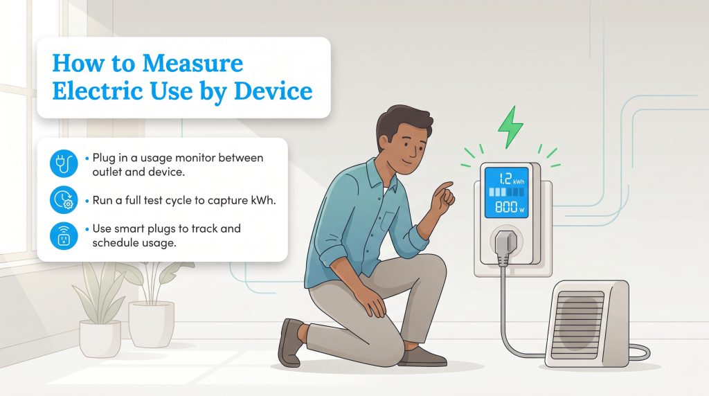 Man using an electricity usage monitor with a space heater, alongside steps for measuring device usage.