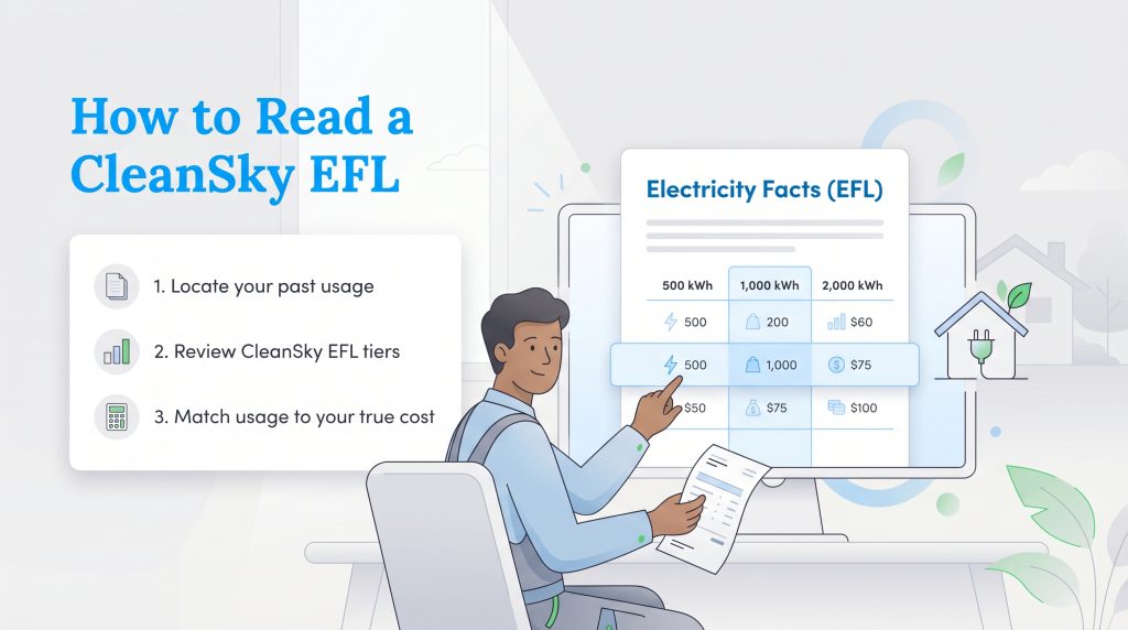 A man compares a paper utility bill to a digital Electricity Facts Label chart on a computer screen.