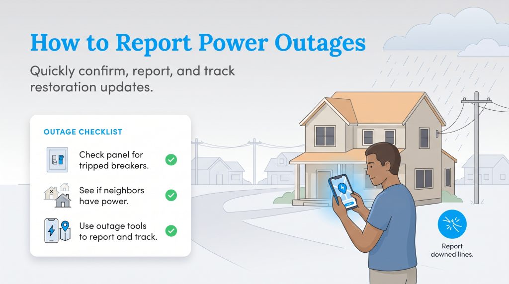 Infographic showing steps to confirm and report a power outage using a checklist and mobile tools.
