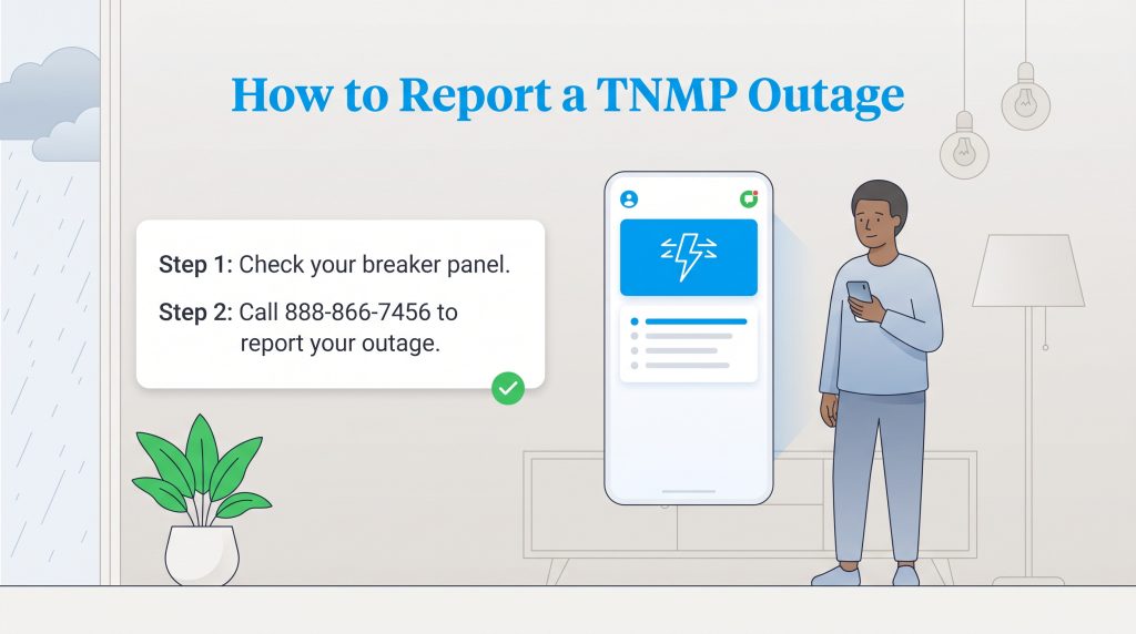 Illustration showing two steps to report a TNMP outage: checking the breaker and calling 888-866-7456.