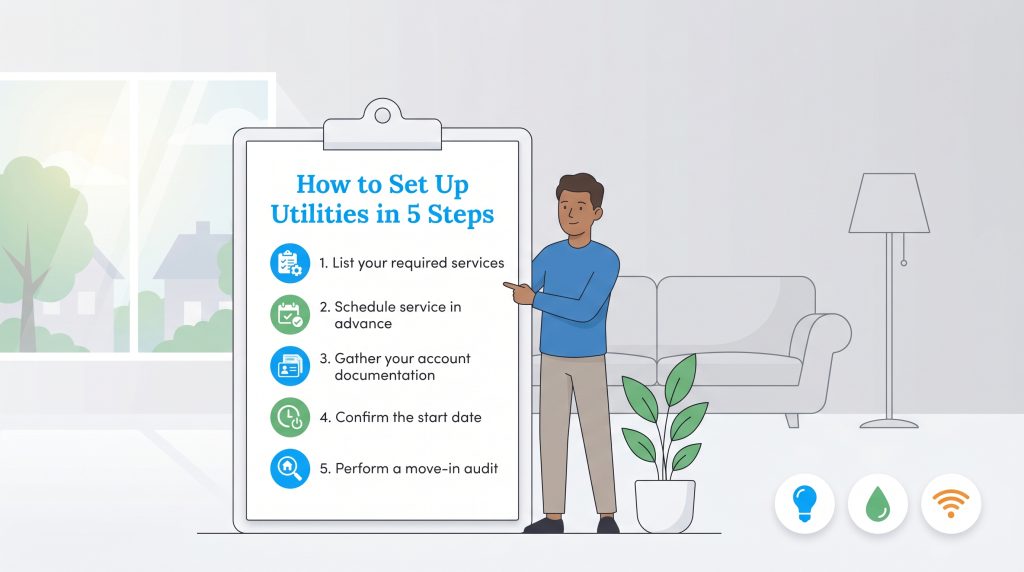 Illustration of a man pointing to a clipboard listing five steps for setting up home utilities.