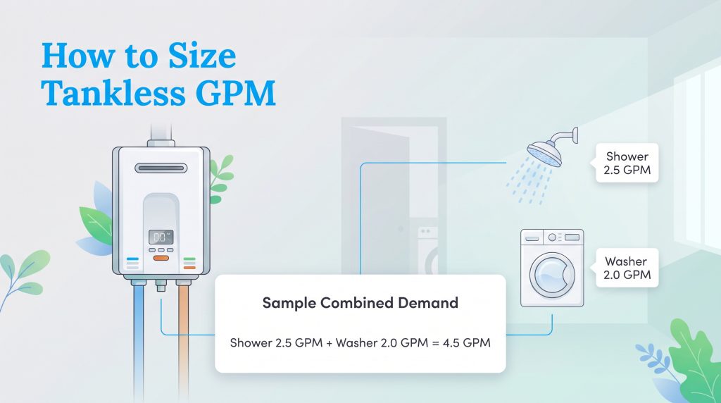 Infographic demonstrating how adding fixture flow rates determines tankless water heater GPM size.