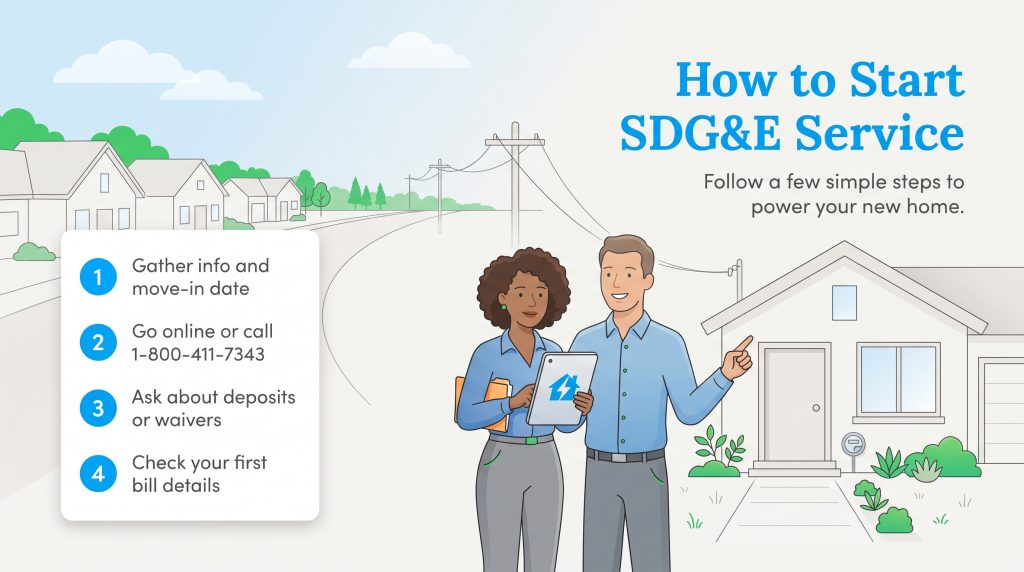 An infographic with four steps to start SDG&E service for a new home, showing a couple in front of a house.