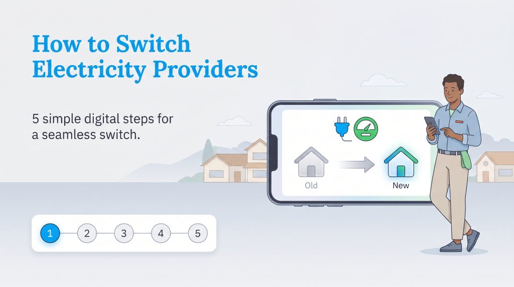 Illustration of a man using a phone to switch electricity providers, with a 5-step progress bar.