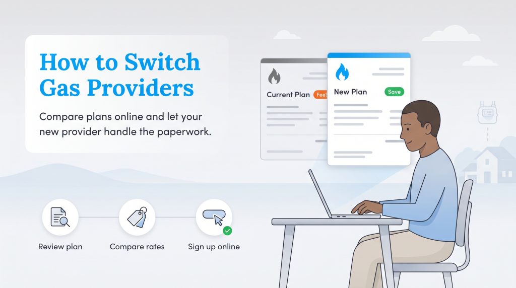 Infographic showing a person comparing gas plans online and a three-step process to switch providers.