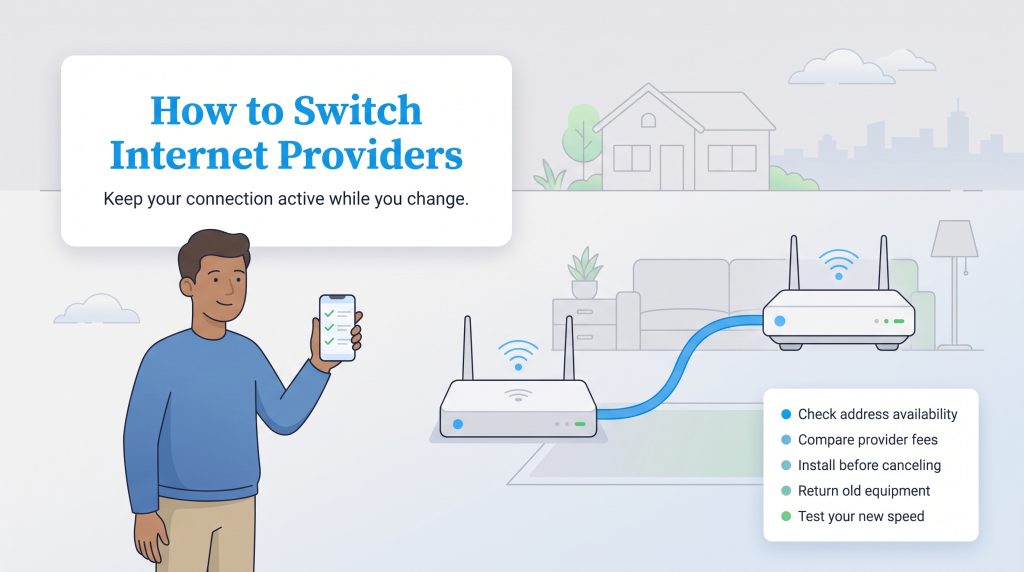 An infographic showing a checklist of steps for switching internet providers without service loss.