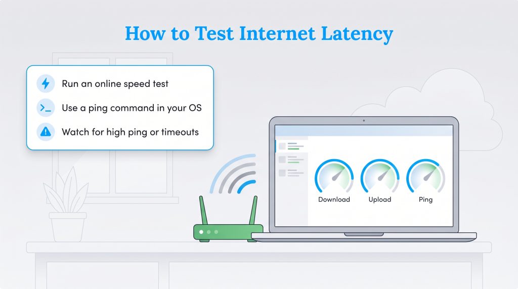 Diagram listing steps to test internet latency via online tests or OS ping commands.