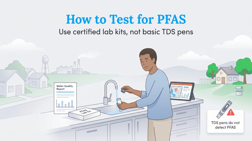 Man collecting tap water for a certified PFAS lab kit test, contrasting with ineffective TDS pens.