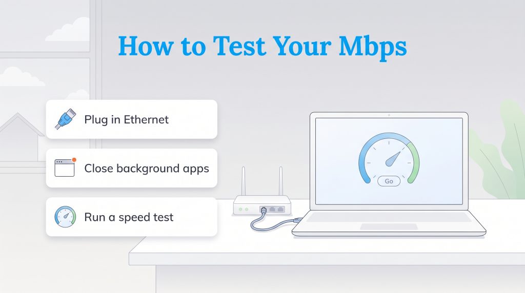 Infographic showing three steps to test internet speed: plug in Ethernet, close apps, and run a speed test.