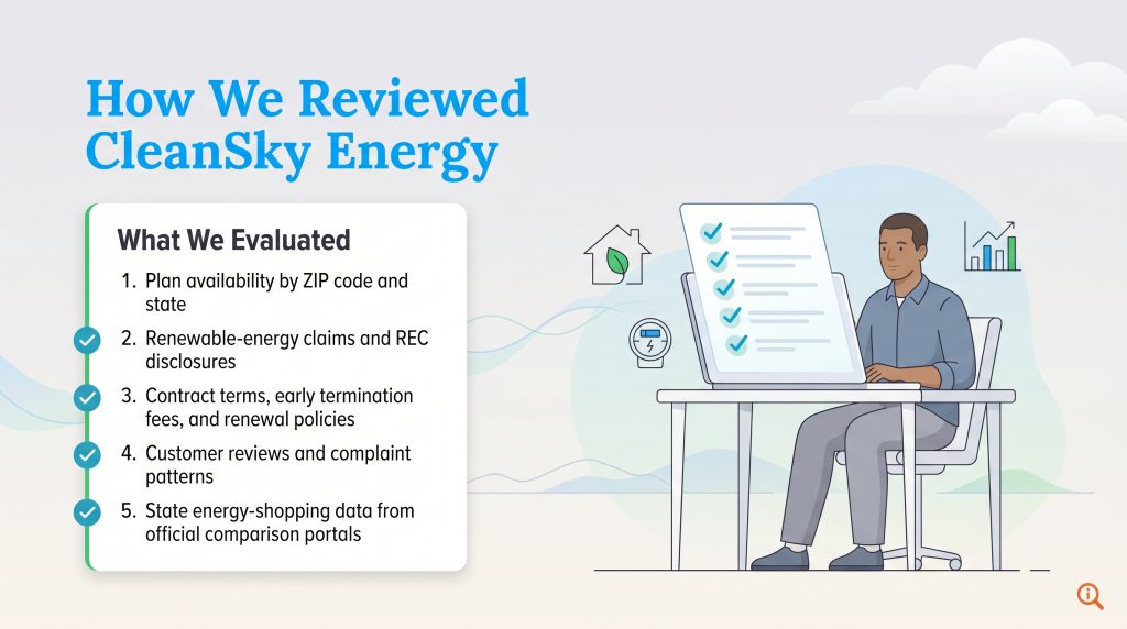 An infographic showing five criteria used to evaluate CleanSky Energy: plan availability, renewable-energy claims, contract terms, customer reviews, and state energy-shopping data.