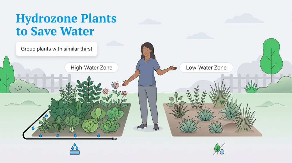 Illustration of a woman in a garden, separating plants into a "High-Water Zone" and a "Low-Water Zone" to save water.