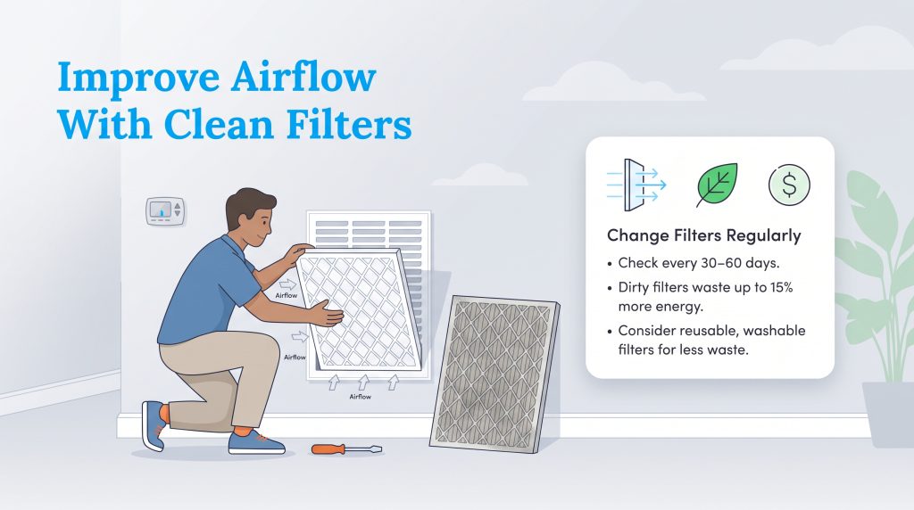 Man replacing a home air filter with a clean one, next to a dirty filter, with text on benefits.