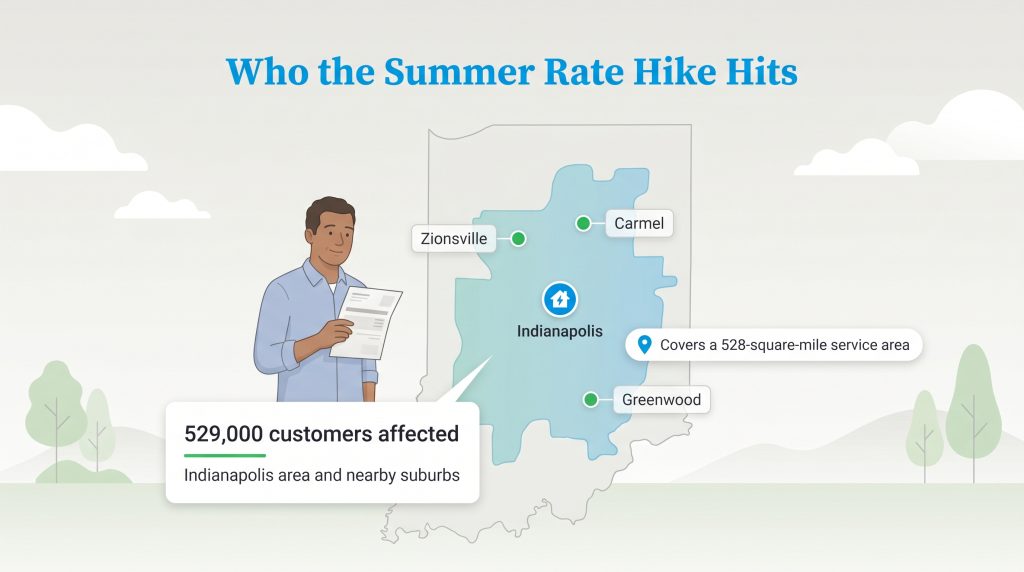 Infographic map shows the Indianapolis area summer rate hike affects 529,000 customers in the city and suburbs.