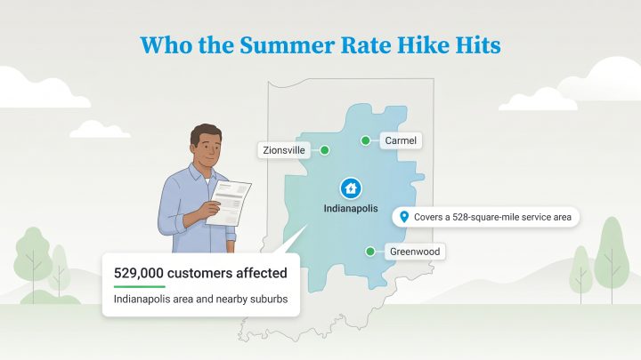 Infographic map shows the Indianapolis area summer rate hike affects 529,000 customers in the city and suburbs.