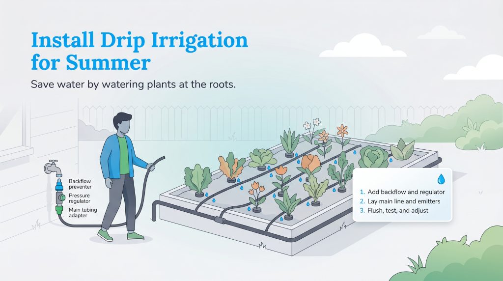 A person connects components to a spigot and lays tubing with emitters in a garden bed for drip irrigation.