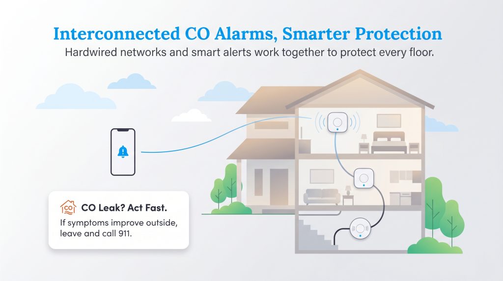 Diagram showing interconnected hardwired CO alarms in a multi-story house linked to a smartphone.