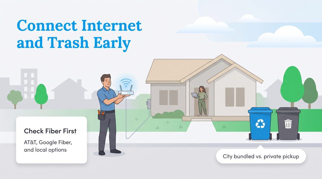 A technician installs a router outside a home with bins, urging early utility setup.