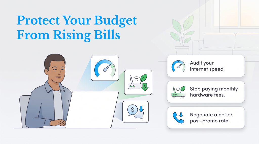 Infographic listing tips to lower internet bills: audit speed, stop hardware fees, negotiate rates.
