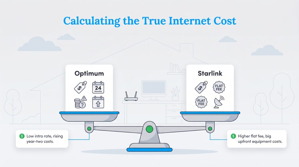 Balance scale comparing Optimum's rising costs versus Starlink's high flat fee and equipment costs.