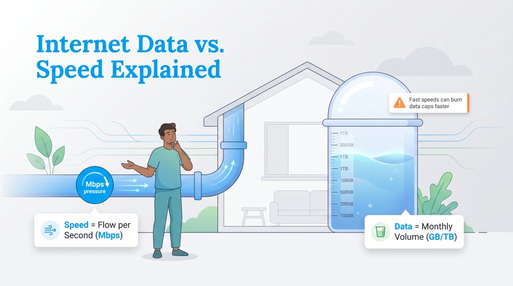 Infographic comparing internet speed (Mbps pressure in a pipe) to data (GB/TB volume in a bucket).