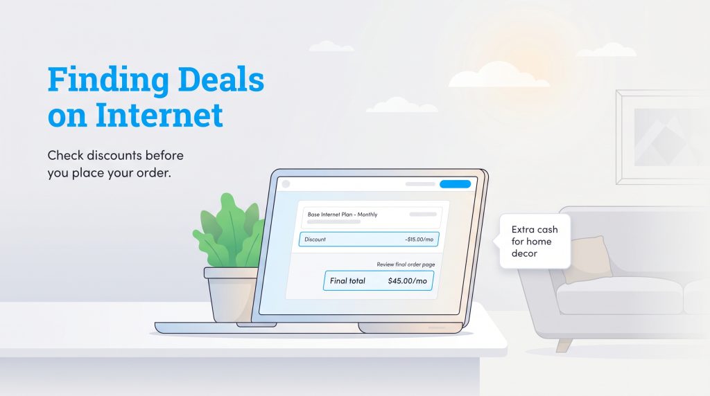 Laptop showing an internet order with a $15 discount, highlighting savings for home decor.