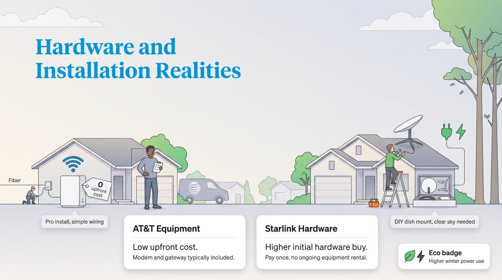 Illustration shows AT&T professional installation versus Starlink DIY roof mount and hardware setup.