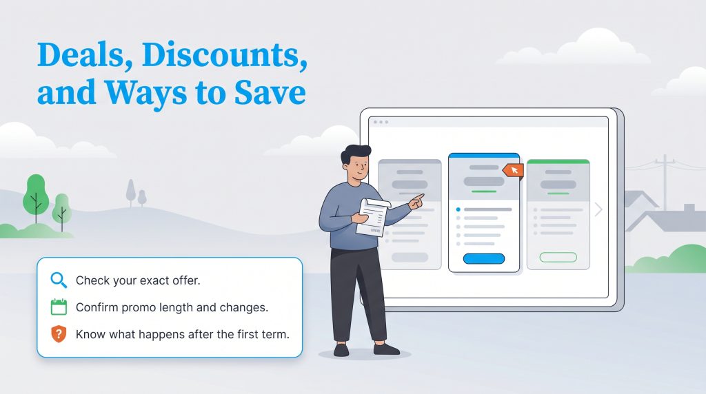 Illustration of a man comparing service plans on a tablet beside a checklist for verifying deal details.