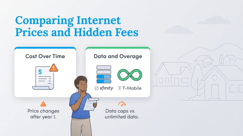 An illustration comparing Xfinity and T-Mobile internet costs and data policies.