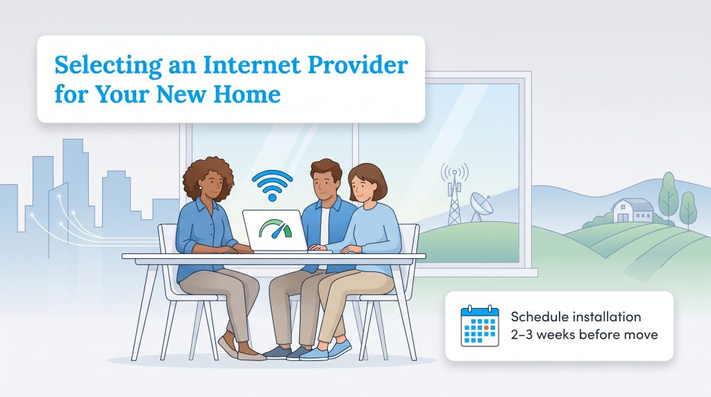 Family at a table viewing internet speed on a laptop, with city and rural views and a scheduling tip.