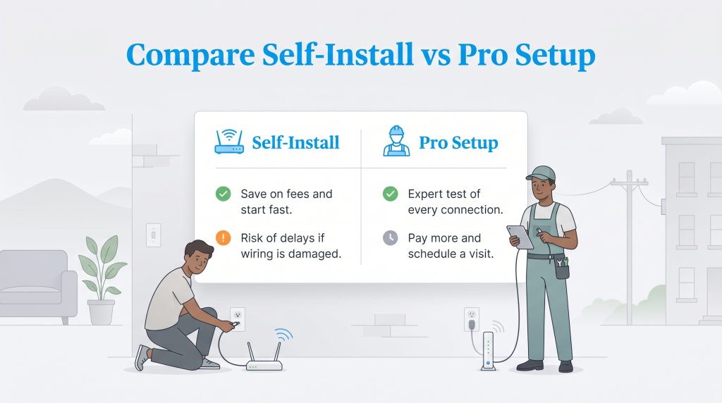Infographic comparing internet self-install vs. pro setup, listing pros and cons for each.