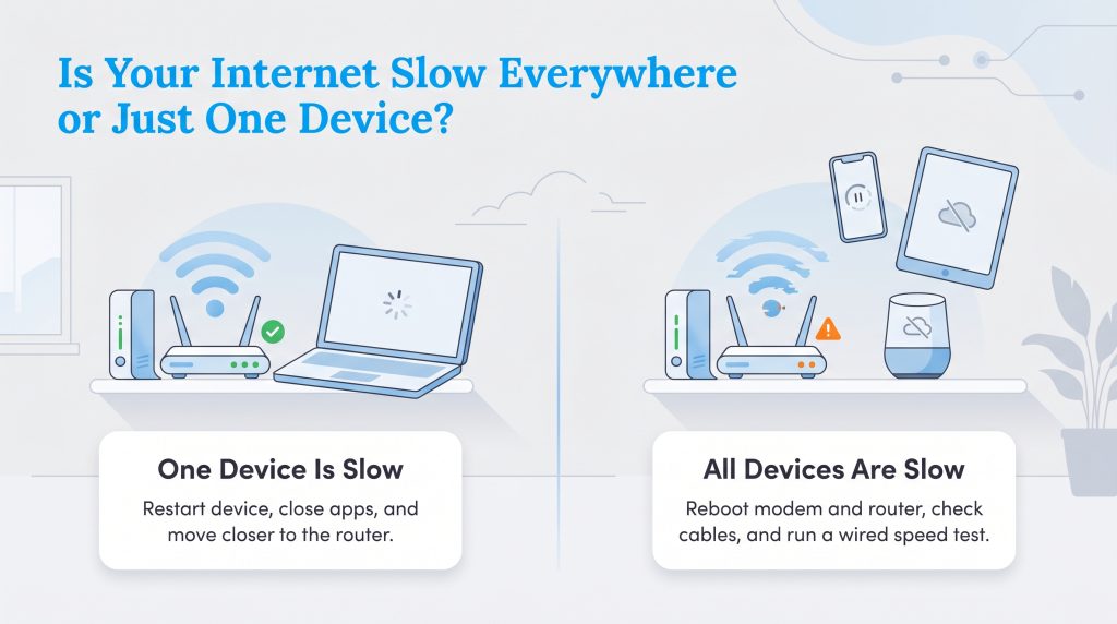 Infographic contrasting solutions for slow internet on one device versus all devices on a network.