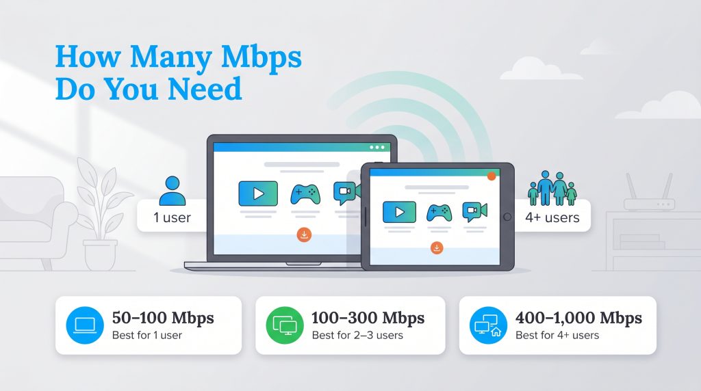 Infographic showing recommended internet speeds (Mbps) for households of 1, 2-3, and 4+ users.