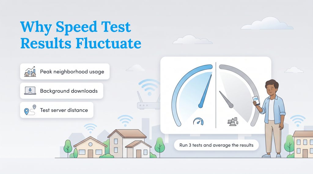 Infographic explaining causes of internet speed test fluctuations: peak usage, downloads, and server distance.
