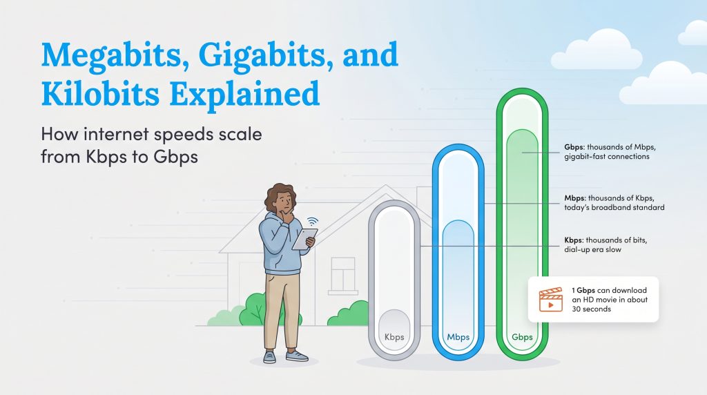 Infographic comparing internet speeds: Kbps (slow), Mbps (standard), and Gbps (fast).