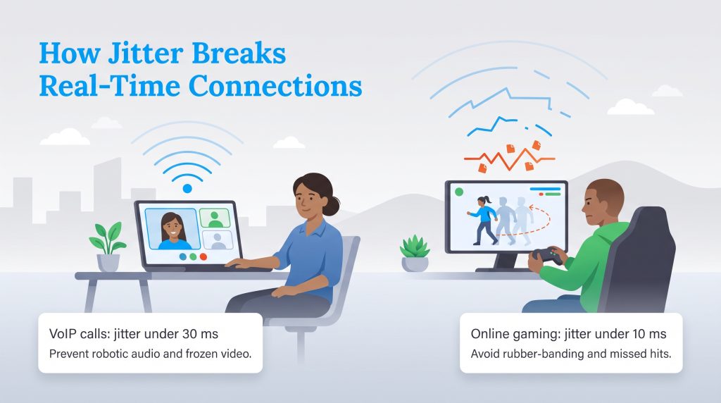 Infographic showing jitter effects: robotic audio in VoIP calls and rubber-banding in online gaming.