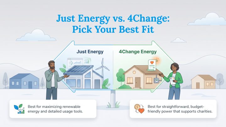 Comparison infographic of Just Energy's renewable focus and 4Change Energy's budget and charity focus.