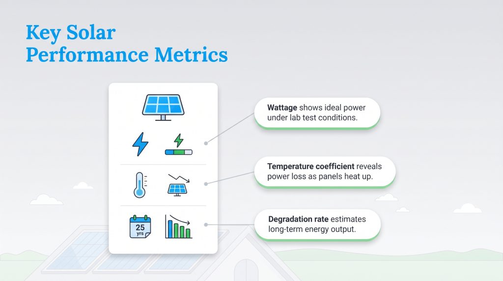 Infographic showing three key solar metrics: Wattage, Temperature coefficient, and Degradation rate.