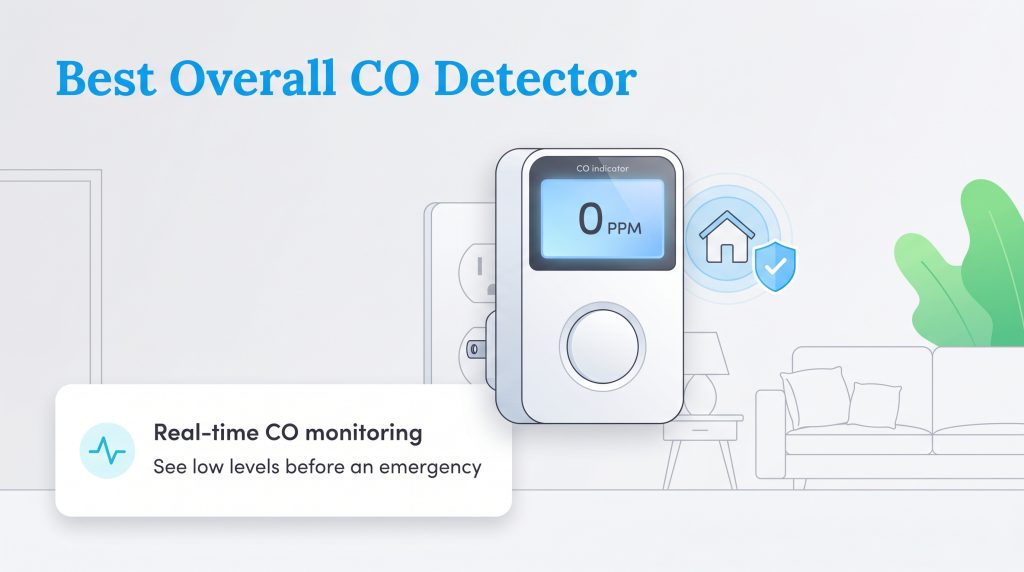 Kidde Nighthawk CO detector plugged into a wall outlet, showing a digital display with '0 PPM' and real-time monitoring feature.